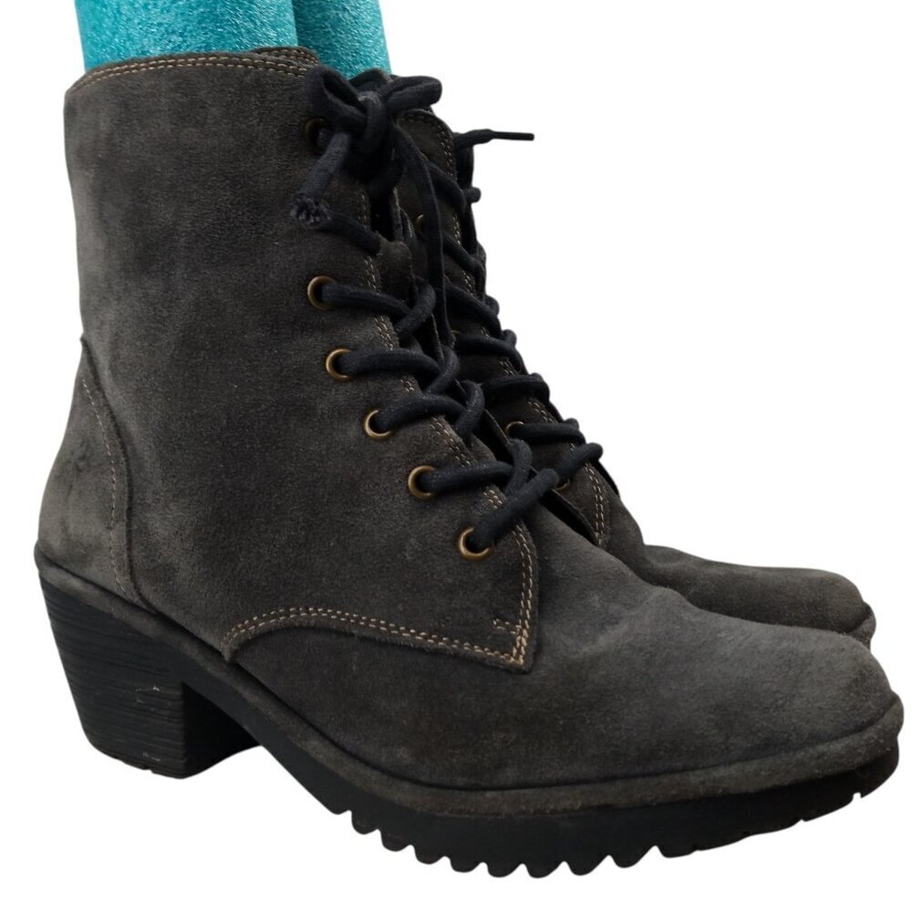 Fly London Suede Gray Woke910Fly Ankle Boots Size 40 US 9-9.5 Lace Up Block Heel
